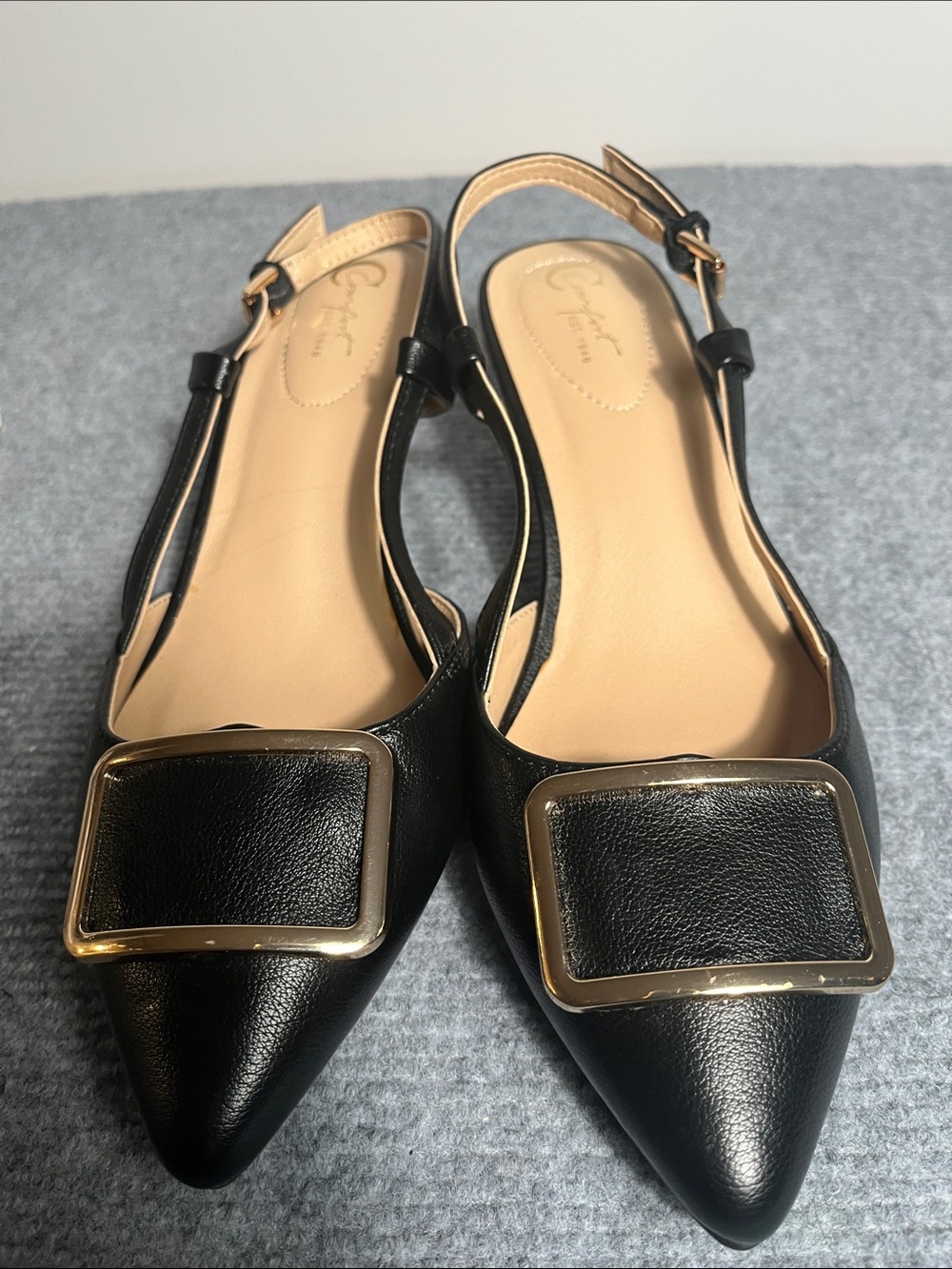 Pointed Black Slingback Flats with Gold Buckle Accent